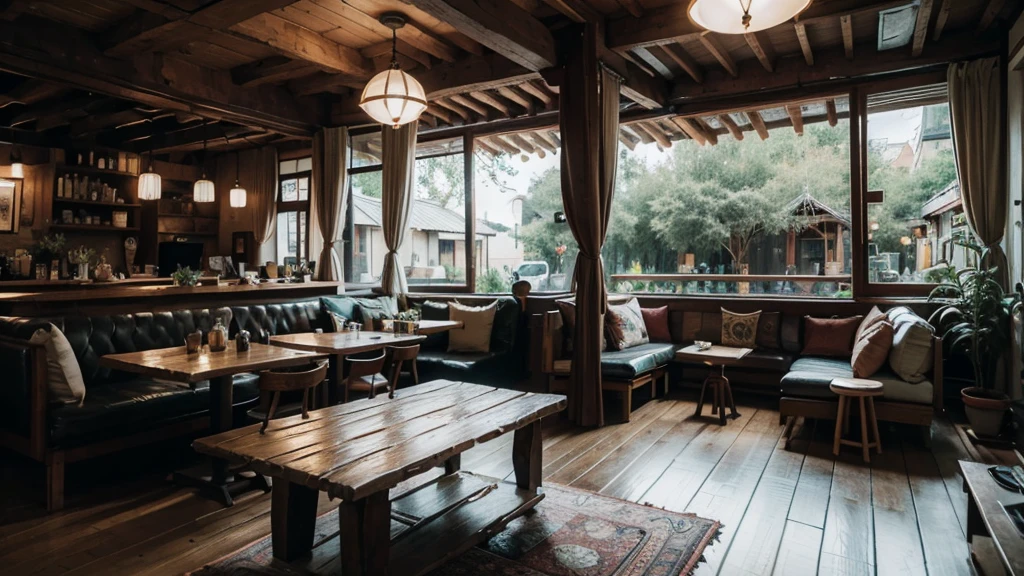 bohoai Cafe, coffee table and large windows, interior background art,at night, rainy day