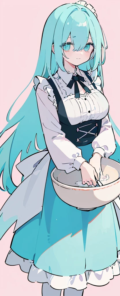 (((Long cyan Beautiful Hair))),cyan hair,kawai,(((Eyes visible from bangs,hair over eyes:1.3))),,Huge breasts,(pink color eyes),,(pink slanted eyes),1girl in,bangs,long gray hair, pantyhose,Cowboy Shot,white background,short hair,smiled,(wearing pink maid clothes), (maid dress type must have a perfect black vest), Bangs should be long to the tip of the chin(((, focusing on the bowl containing the dough and holding a spoon to stir it))), Kitchen room background, Perfect arm fingers,,, 1 girl, ((The image must match the tag)) Bangs almost cover the eyes full body (The character's entire body from top to bottom is completely visible)