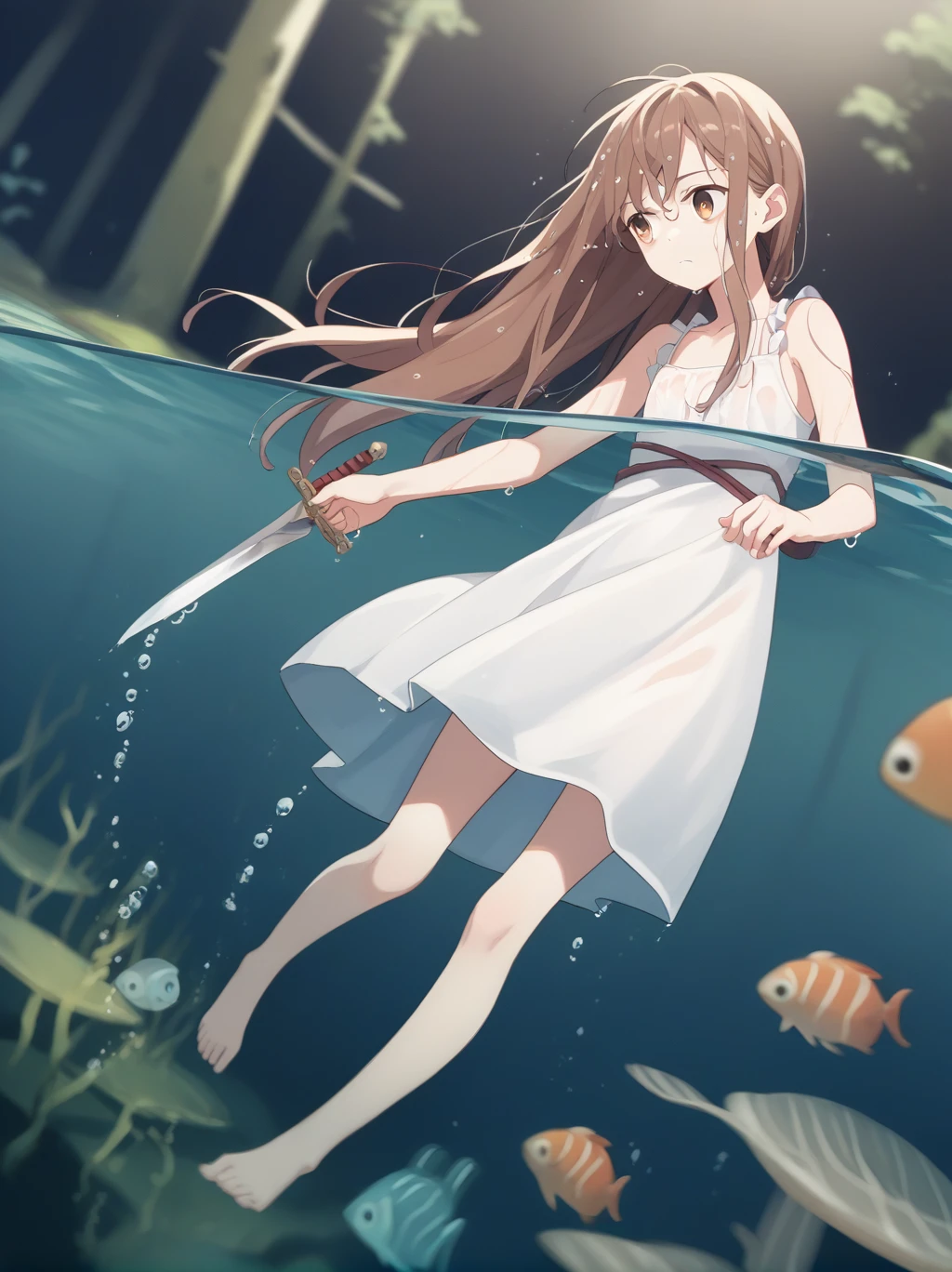 partially underwater,
One Girl, Long Hair, Brown Hair, Wet Hair,
White Dress, Swamp,
Dark Background, Blurred Edges,8-year-old、Adventurer、Flat Chest、Pitch-dark underground labyrinth、No light、skirt、Equipped with a dagger and a shield、Above the neck above the water、Body in water, Underwater Photography、浮力でskirt捲れる