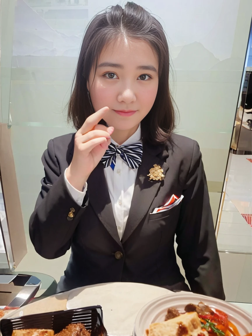 1girl, cute, black blazer, professional attire, bow tie, white shirt, delicate features, pretty face, brown hair, looking at the viewer, half-length portrait, office background, cowboy shot, UHD, masterpiece, accurate, anatomically correct, 8k