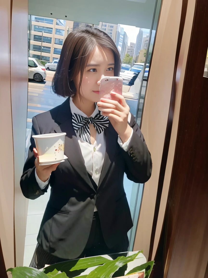 1girl, cute, black blazer, professional attire, bow tie, white shirt, delicate features, pretty face, brown hair, looking at the viewer, half-length portrait, office background, cowboy shot, UHD, masterpiece, accurate, anatomically correct, 8k