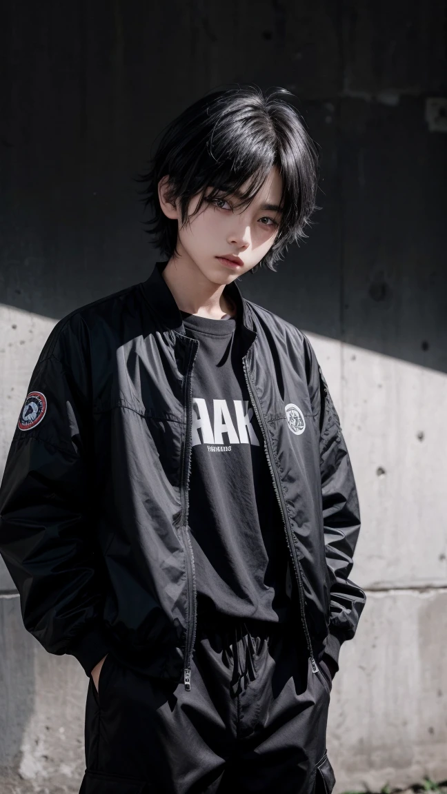 Black sun visor、boy、Black Hair、Messy Hair、The eyes are covered by the bangs、Black jacket、Black trousers、Black Shirt