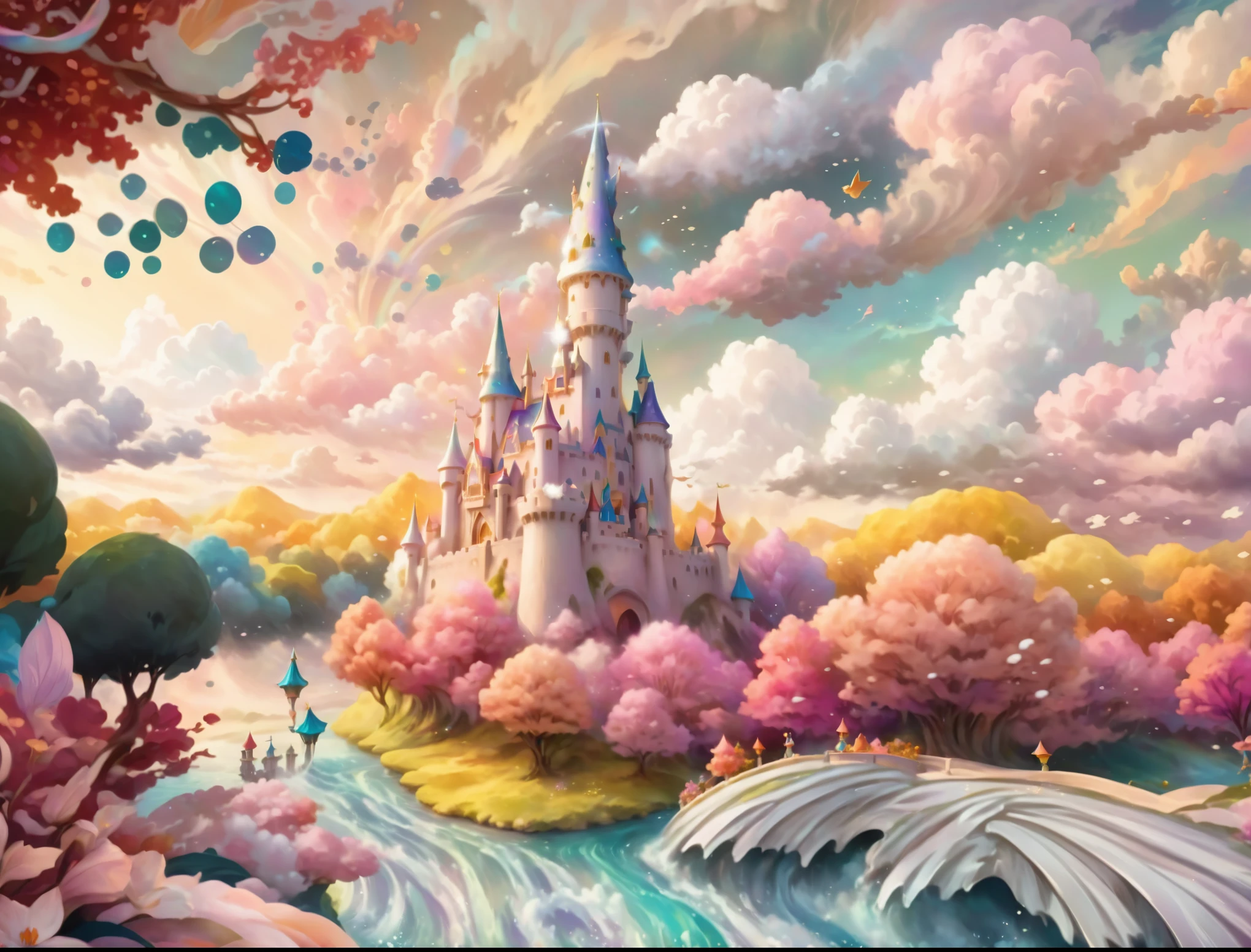 there is a castle in the middle of a colorful landscape, fairytale artwork, whimsical fantasy landscape art, flying cloud castle, 4k highly detailed digital art, dreamy illustration, fairy-tale illustration style, painting of a dreamscape, fairy tale illustrations, beautiful render of a fairytale, fairytale illustration, fairy tale illustration, in the white clouds fairyland, a beautiful artwork illustration