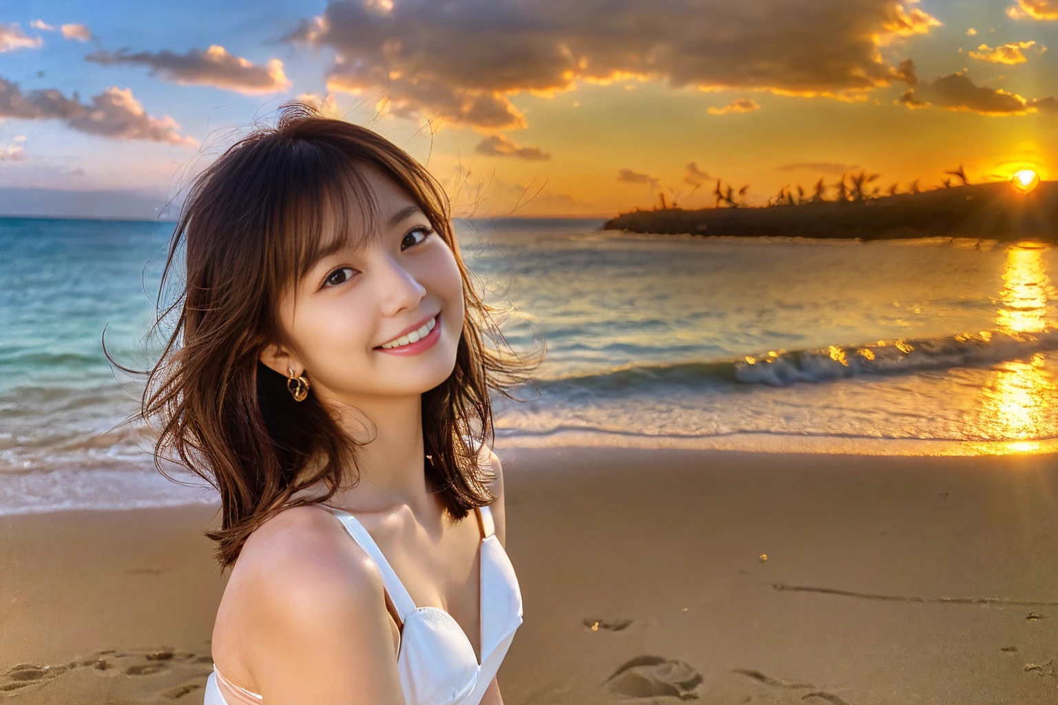 (((Sunset Beach in Hawaii)))、(((Orders from professional photographers、Sensual laughter and provocative poses)))、(((Best waist strap:1.2)))、(((Kneel)))、(Light brown eyes staring into the distance)、(((First Person Portrait)))、Detailed eyes, double eyelid、(((Thin white bikini)))、(((ASA Sensitivity 50 Camera Settings、Spring 85mm、 Opening 1.0)))、(((真っ白な股間に食い込むビキニ姿でKneel)))alone、(Realistic depiction)、(((Leave the facial expressions in the original image as they are)))、Photorealista、masterpiece、In 8K、High resolution、alone、More detailed faces、(Professional Lighting、Bokeh Depth of Field)、(Particles of light、Lens flare、Glowing particles:0.6)、(Dynamic Pose:1.2)、Soft lighting、Low angle view、((Beautiful sunset)) 、((Upward diagonal:1))、(Portrait:0.6)、(Maintains natural facial proportions)、(C Cup Big Chest)、 (Medium Hair)、Floating Hair、A seductive smile、Perfect Anatomy、