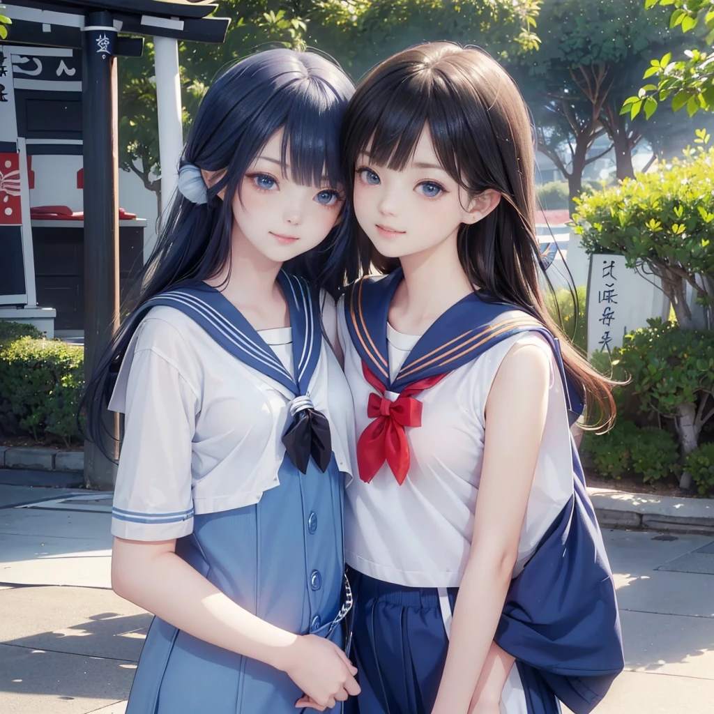 best quality, masterpiece,
Three Japanese-high-school-girls,
looking straight ahead and striking a gutsy pose are standing (separately:1.4), side by side,
wearing a short-sleeved Japanese-blue-high-school-sailor-suit,
(Japanese-blue-high-school-sailor-suit:1.7),
Reddish bow tie, with a school bag,
((too much smile)), very cute, face, head and waist fully visible, (soft eyes:1.2)
upper arms hidden by clothes and hair,(innocent and pure high-school-girls:1.7)
,(The image shows only the upper body:1.7)
(only one well-shaped beautiful mount Fuji:1.2), (shrine:1.2), summer(season) ,(outdoors:1.5),