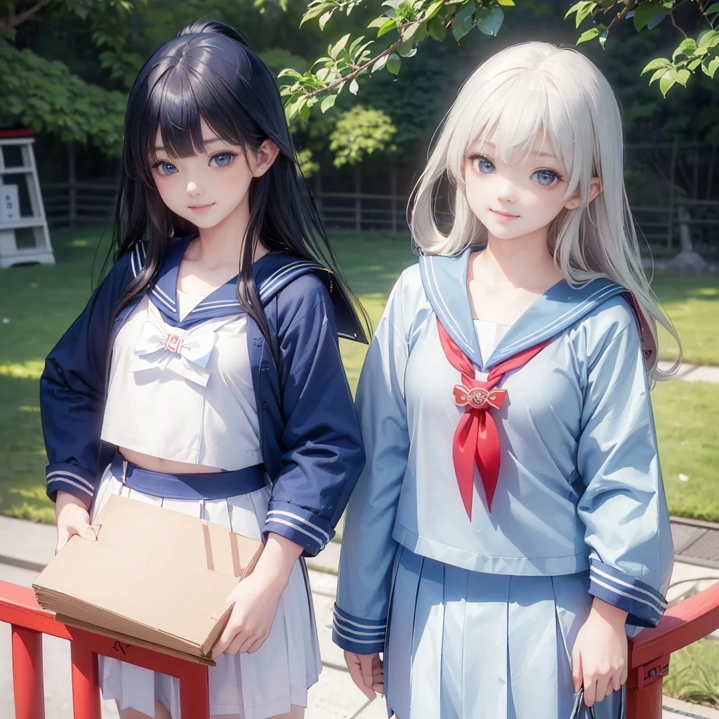 best quality, masterpiece,
Three Japanese-high-school-girls,
looking straight ahead and striking a gutsy pose are standing (separately:1.4), side by side,
wearing a short-sleeved Japanese-blue-high-school-sailor-suit,
(Japanese-blue-high-school-sailor-suit:1.7),
Reddish bow tie, with a school bag,
((too much smile)), very cute, face, head and waist fully visible, (soft eyes:1.2)
upper arms hidden by clothes and hair,(innocent and pure high-school-girls:1.7)
,(The image shows only the upper body:1.7)
(only one well-shaped beautiful mount Fuji:1.2), (shrine:1.2), summer(season) ,(outdoors:1.5),