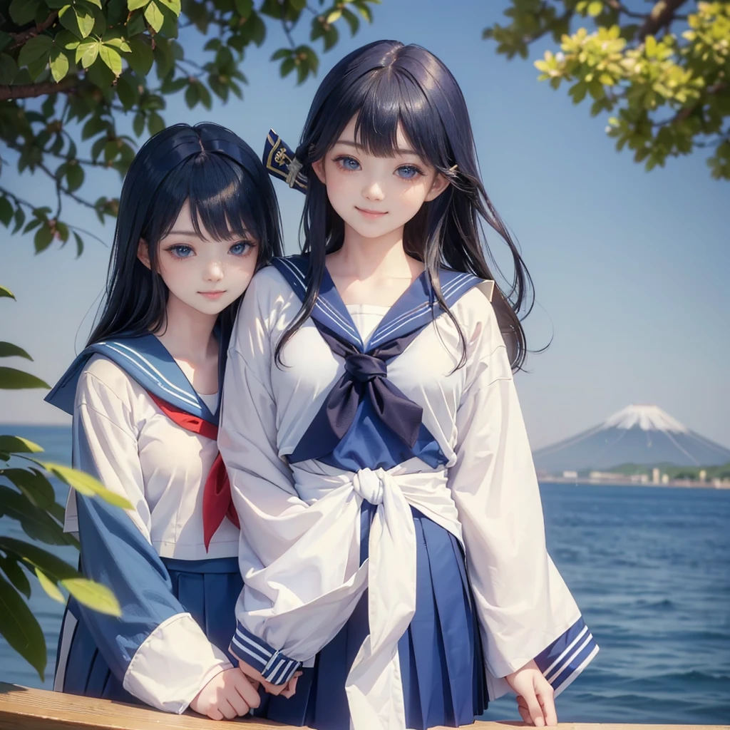 best quality, masterpiece, 

Three Japanese-high-school-girls, 

looking straight ahead and striking a gutsy pose are standing (separately:1.4), side by side, 

wearing  a short-sleeved Japanese-blue-high-school-sailor-suit,

(Japanese-blue-high-school-sailor-suit:1.7),

 Reddish bow tie, with a school bag, 

((too much smile)), very cute, face, head and waist fully visible, (soft eyes:1.2)

upper arms hidden by clothes and hair,(innocent and pure high-school-girls:1.7)

,(The image shows only the upper body:1.7)

 (only one well-shaped beautiful mount Fuji:1.2), (shrine:1.2), summer(season) ,(outdoors:1.5),