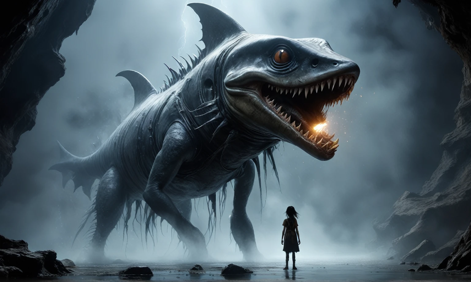 full body length,niobium goblin,native africa xenomorph,once pretty face,eyebrow up,full body shot,ominous landscape,niobium gray atmosphere,photo,photorealism,Masterpiece,natural skin textures, hyper realism,hyper detailed,High contrast,Realism,Ultra Detailed,irina yermolova,close full body shot,32K resolution,Nikon Z9, ,demonic, dust, smoke, audience, mist, featuring ultra-realistic and hyper-realistic elements, Marta Bevacqua, Ellen Jewett, Kawacy, Katsuya Terada, Carne Griffiths, explosive lightning, concert lighting,  bokeh,  luminal space that feels both bright and surreal. Includes liquid fluid elements for added depth and movement. Rendered in an unreal engine and post-processed to achieve . Evokes a sense of dreamy, ethereal,ancient rock paintings of the first people,of sharkfish's leather and mystical mood,horror pixar movie still,thriller disney movie ,pixar render, animated ,suicide