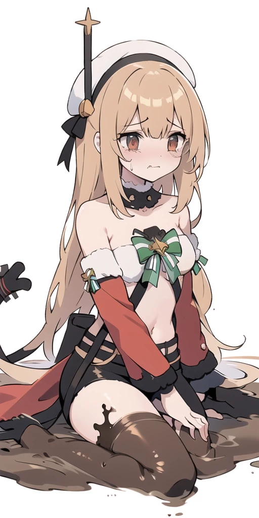 Equipment-TMP, 1 Girl, Solitary, long hair, Tail, crying, Bangs,Red Sleeves,hat,
closure_mouth from,
Equipment-TMP, Bare shoulders,
stripe_hair,
masterpiece, the best_quality, clear deTails,1 Girl
(In the wild)Stuck in the quagmire,struggle,Brown mud,Staring helplessly