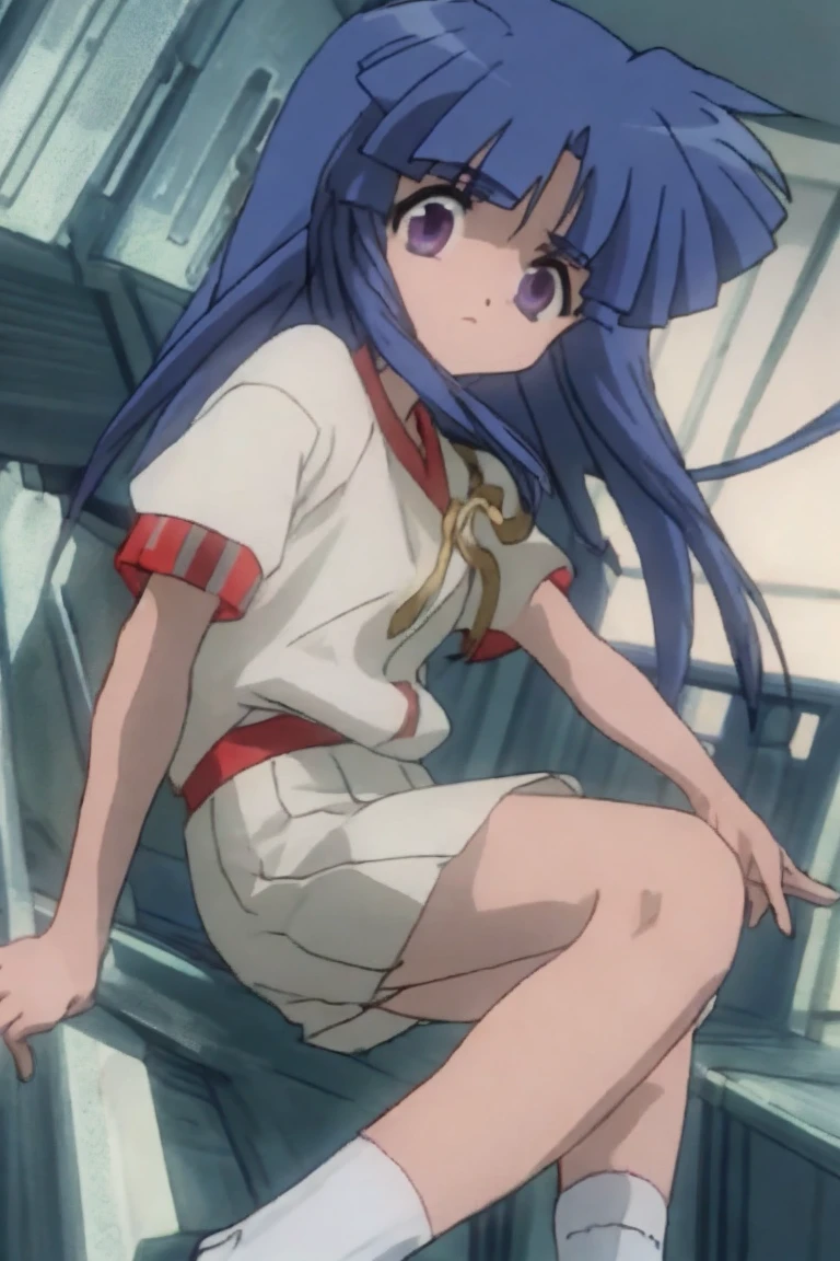 One girl，Furude Rika，Beautiful views，(masterpiece、Highest quality)，Deep blue hair，Purple Eyes，White socks，Short sleeve white shirt，Jumper skirt，Red ribbon，Big Eyes，
