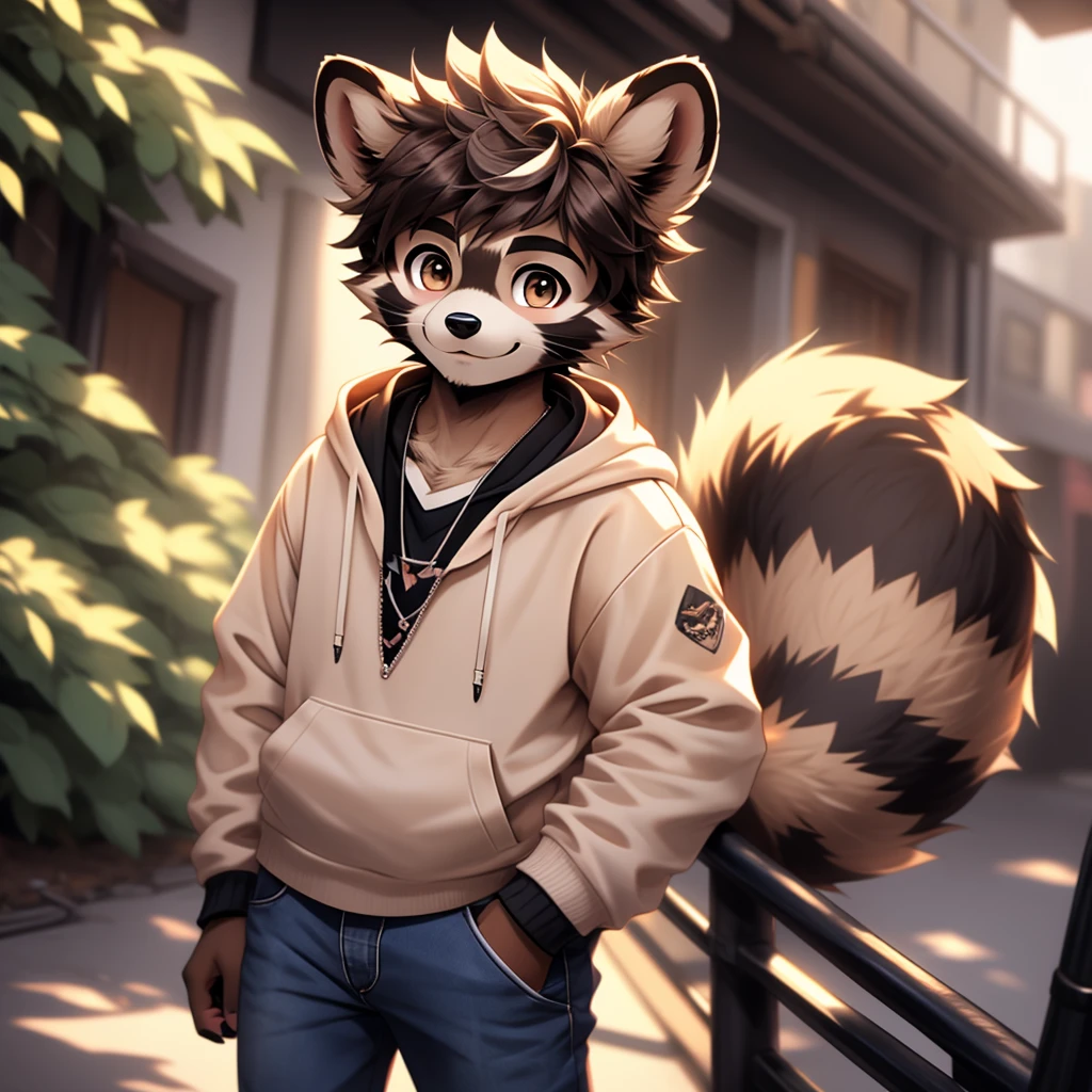 A common raccoon, furry, furry boy, 15 years old, common raccoon 17 years old, teenage furry shota, with brown eyes, brown eyes, furry boy common raccoon, cute hoodie, cute jeans, wearing a hoodie and jeans, tween, teenager, Teenager, 15 years old, Adult, youngster, hairy adult, coming of age, youngster, 20 years old, hairy adult, one , one person only, hairy alone