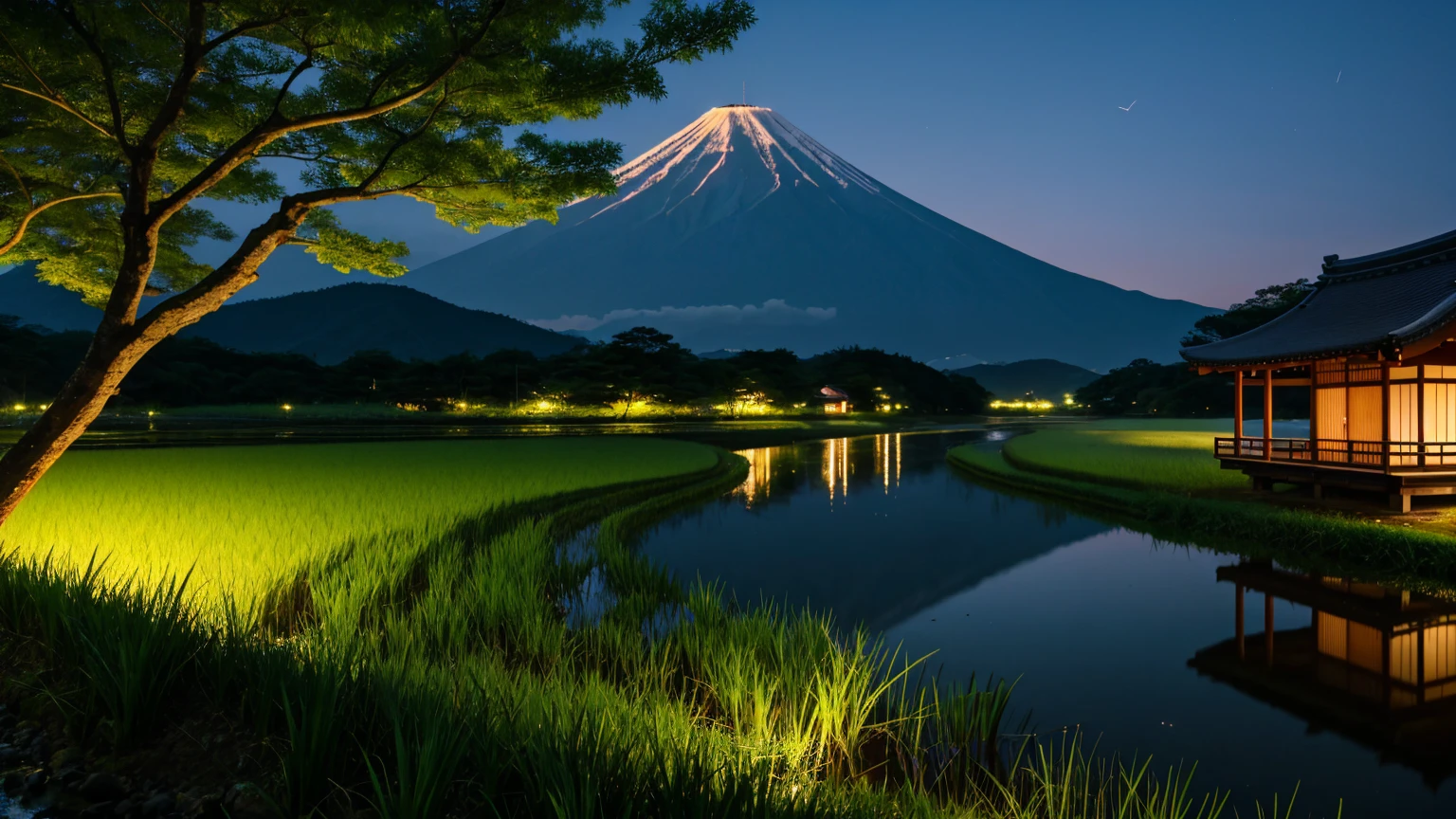 Japan、countryside、Rural Scenery、Style、night、Paddy field、river、firefly