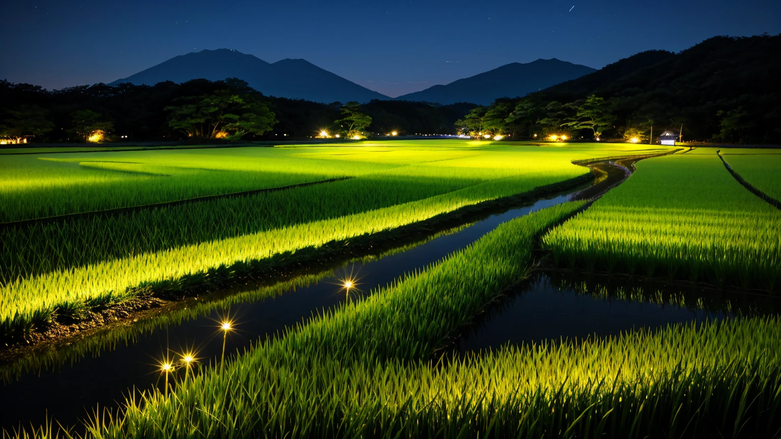Japan、countryside、Rural Scenery、Style、night、Paddy field、river、firefly