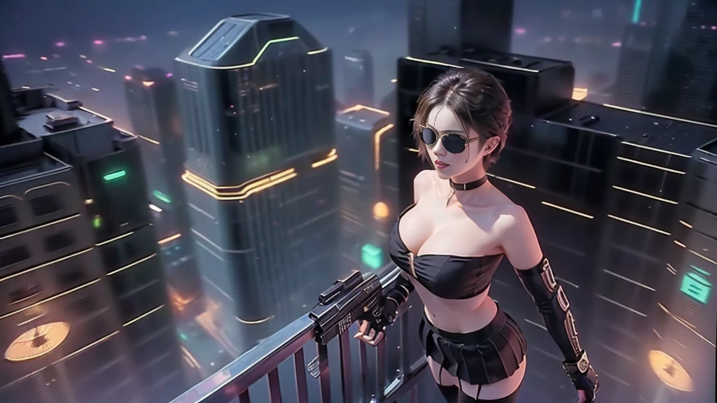 (aerial view). at night, futuristic sci-fi cyberpunk city, broad viaduct, skyscrapers at the end of the viaduct, the movie "13th Floor" style, hq. Matrix style, at night, (1girl, solo), photo realistic, (large-breast:1.2 slim body, cleavage:1.3), (((tube top, extreamly short pleated (((miniskirt))) exposing panty))), (((((matrix style black sunglasses))))), (((((aiming at camera with a (pistol)))))), (((half-body (thigh level) medium shot))), (cinematic lighting).