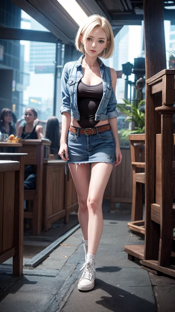 ((One Woman, Age 35)),(( alone)),Black Short Hair,(((Slim body))),((Small breasts)),((Watches on both wrists)),((White tight sleeveless collared shirt)),(Brand new denim mini skirt),((Brown belt)),((Blushed face)), ((Open your mouth)),Night Light, 8k, masterpiece:1.2, Very detailed, Realistic:1.37, Full HD, Inside a bar at night,Full body shot taken from the front,Are standing