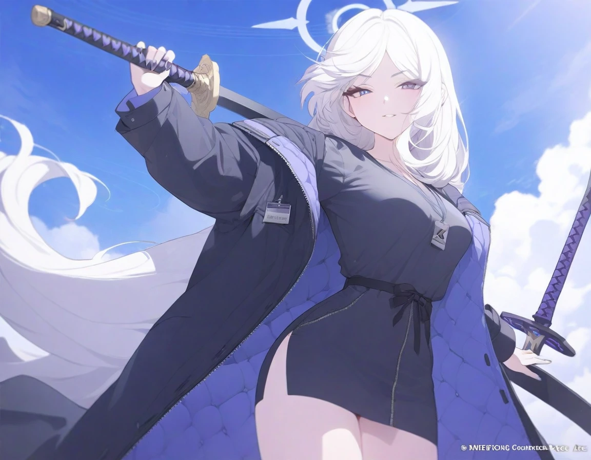 (Highest quality), (High resolution), (masterpiece), (Super detailed), (Highest quality), (High resolution), (masterpiece), (Super detailed), (Bright saturation), Thigh-length hair, White Hair, Heterogeneous eyes: purple left eye and blue right eye, Blue Archive Art Style, One girl, Swinging a black sword in his right hand, Left hand in pocket,  girl, (Black long coat, White shirt, Black tie, Black trousers, suit, Black halo) whole body, Countless swords of light are stuck in the ground., Magic circle in the background, Expressionless, Vivid saturation