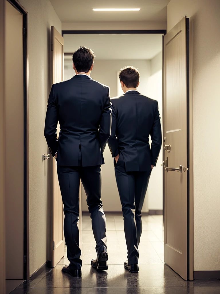 (masterpiece:1.2), high quality, high resolution, a man, ((standing in front of two doors)), back view, wearing a suit, realistic lighting, detailed texture, professional setting, cinematic