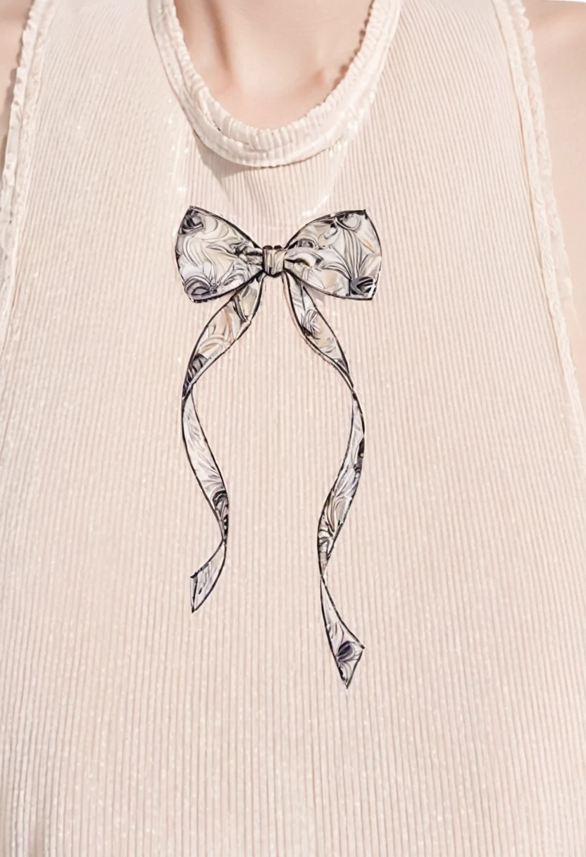 a close up of a woman wearing a white shirt with a bow on it, ornamental bow, Bow, Ripples in the chest, Curves and arches, Upper body close-up, Upper body close-up, ribbon, Tied shirt, Thick Bow, Delicate decoration, white! Tank top with print, Neckline, Smooth down to the finest details, Halter top