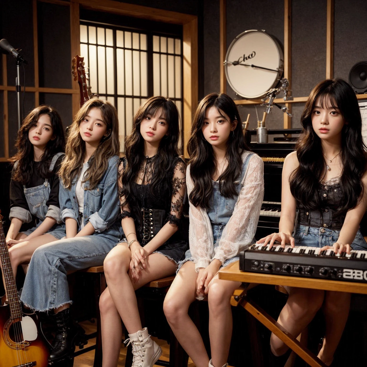 **Photo of 5 beautiful girls, aged 18 to 20, sitting:**

- **3 girls with messy black hair**
- **1 girl with wavy bob black hair**
- **1 girl with a black ponytail**

One girl is playing the drums, one girl is playing the piano, one girl is playing the bass guitar, one girl is playing the guitar, and one girl is singing. They are sitting behind a board with the word "ECHO" written on it. The background is a music studio, complete with drums, guitars, bass guitar, and piano. The image is ultra HD, 4k, photorealistic, raw, and a masterpiece.