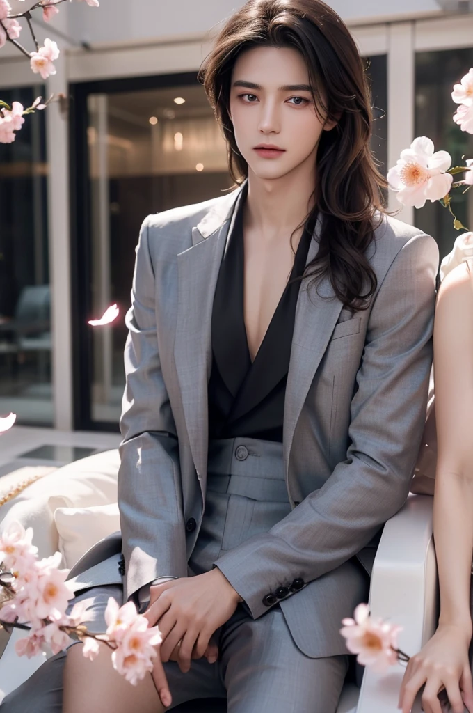 Modern. Suit man wear. Elegant couple, 1 masculie man with 2 beautiful girl. Dark hair color. Very deatiled face. pretty eyes (perfect eyes). 8K resolution. Masterpiece. Romantic, love, glowing light. Look at the viewer. Petals. Pastel color.