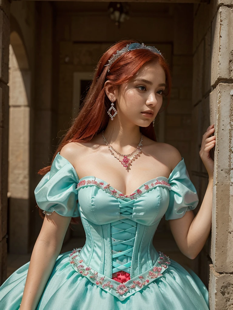 Quinceanera dress mint with bolero
,spitze,corset, bolero,diadem,earrings,lippgloss,necklace,long red hairs
