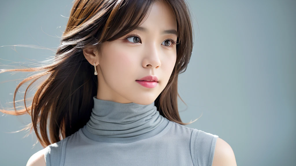 (Detailed face),vivid,chest,cute,Sleeveless and(turtleneck)White silky clothes,4K,Ultra-high resolution,(Photorealistic:1.7),Gray background,Long Hair,