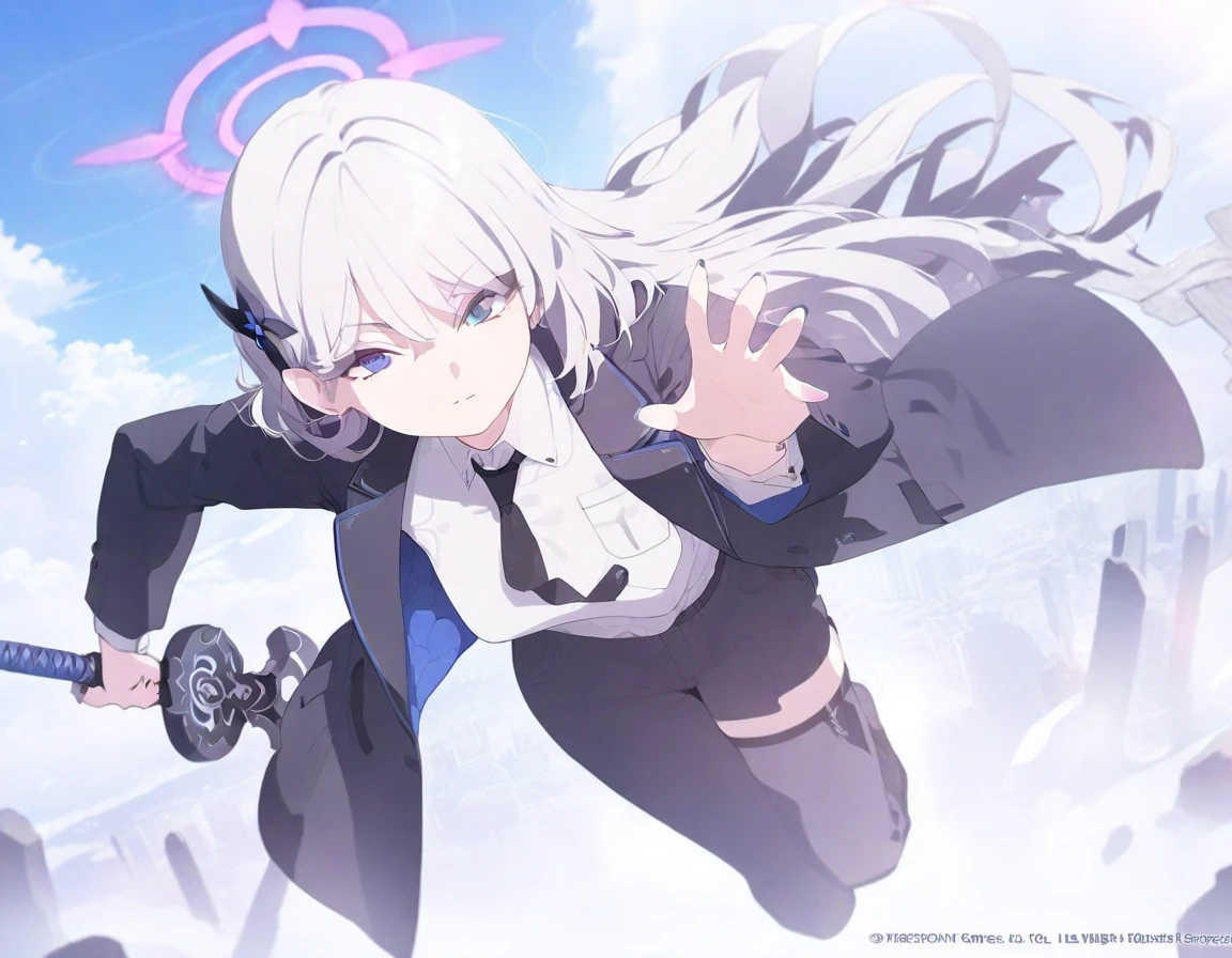 (Highest quality), (High resolution), (masterpiece), (Super detailed), (Highest quality), (High resolution), (masterpiece), (Super detailed), (Bright saturation), Thigh-length hair, White Hair, Heterogeneous eyes: purple left eye and blue right eye, Blue Archive Art Style, One girl, Swinging a black sword in his right hand, Left hand in pocket, girl, (Black long coat, White shirt, Black tie, Black trousers, suit,) whole body, Countless swords of light are stuck in the ground., Magic circle in the background, Expressionless, Vivid saturation, Black halo