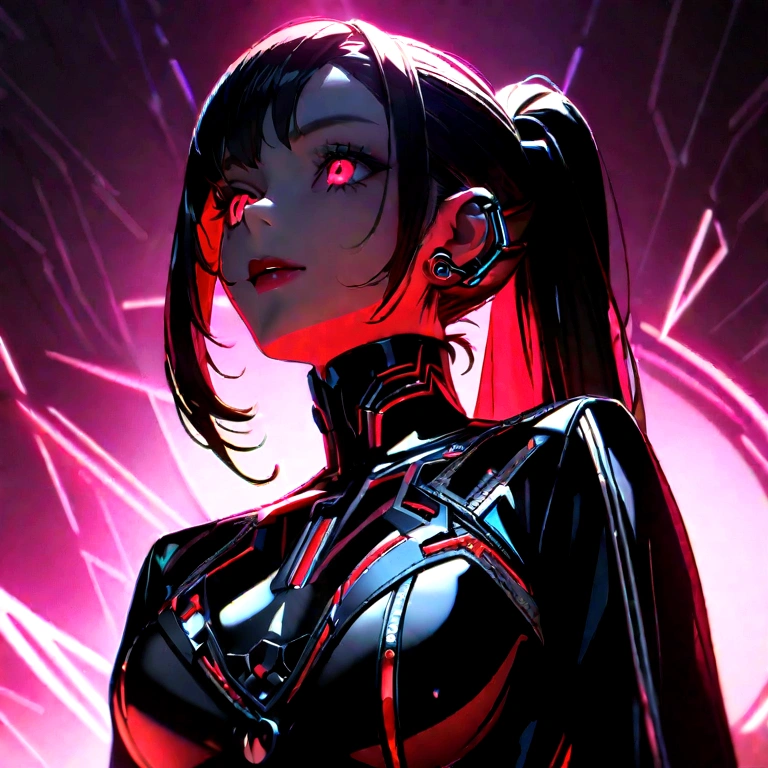 
solo, super fine photo, portrait Unreal Engine 5 8K UHD of beautiful and cute girl, ponytail hair, dark red and black color scheme tight cybernetic latex catsuit, black long leather jacket outwear, cybernetic glove, futuristic design, crimson neon lights details, beautiful make up, luxurious, best quality, masterpiece, official art, unified 8k wallpaper, super detailed, sharp focus, dynamic pose, body parts