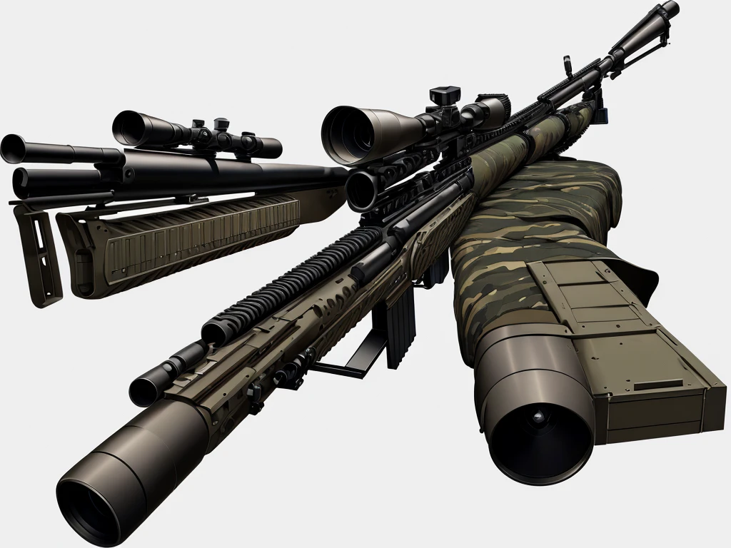 Illustration of a large sniper rifle placed against a white background, facing directly sideways
