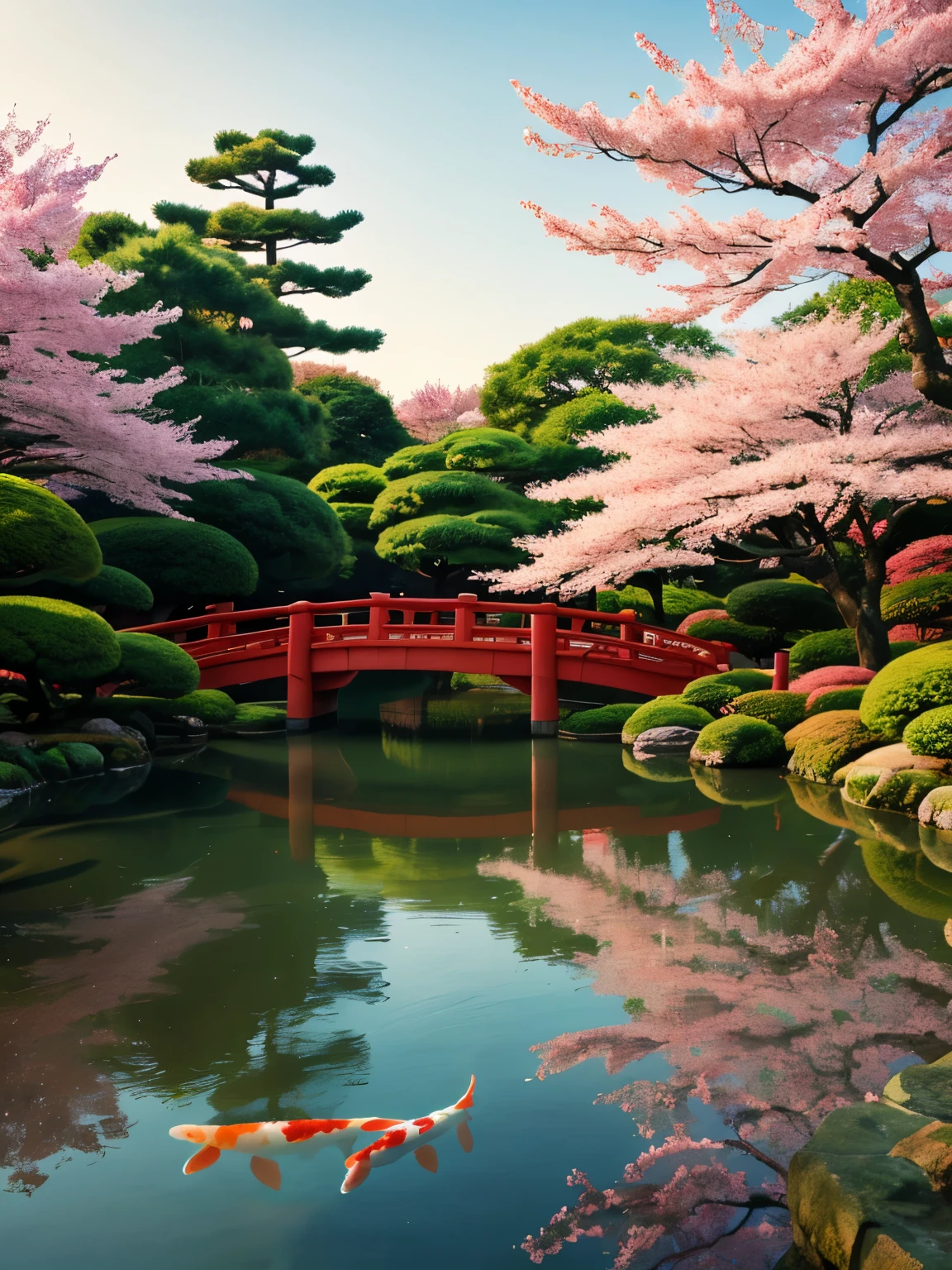 (digital painting),(best quality), serene Japanese garden, cherry blossoms in full bloom, koi pond, footbridge, pagoda, Ukiyo-e art style, Hokusai inspiration, Deviant Art popular, 8k ultra-realistic, pastel color scheme, soft lighting, golden hour, tranquil atmosphere, landscape orientation