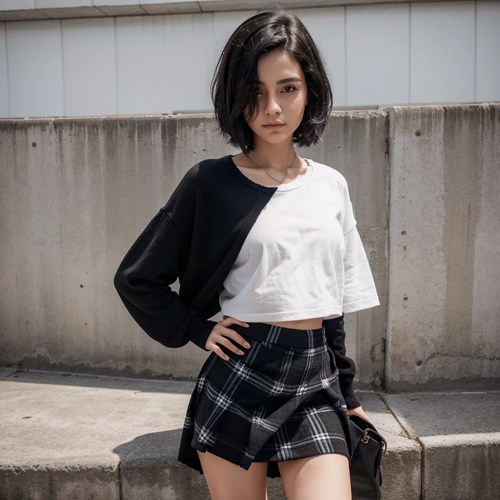 Girl with short medium black hair, plaid skirt, black sweater, white t-shirt 