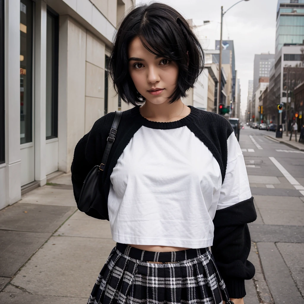 Girl with short medium black hair, plaid skirt, black sweater, white t-shirt 