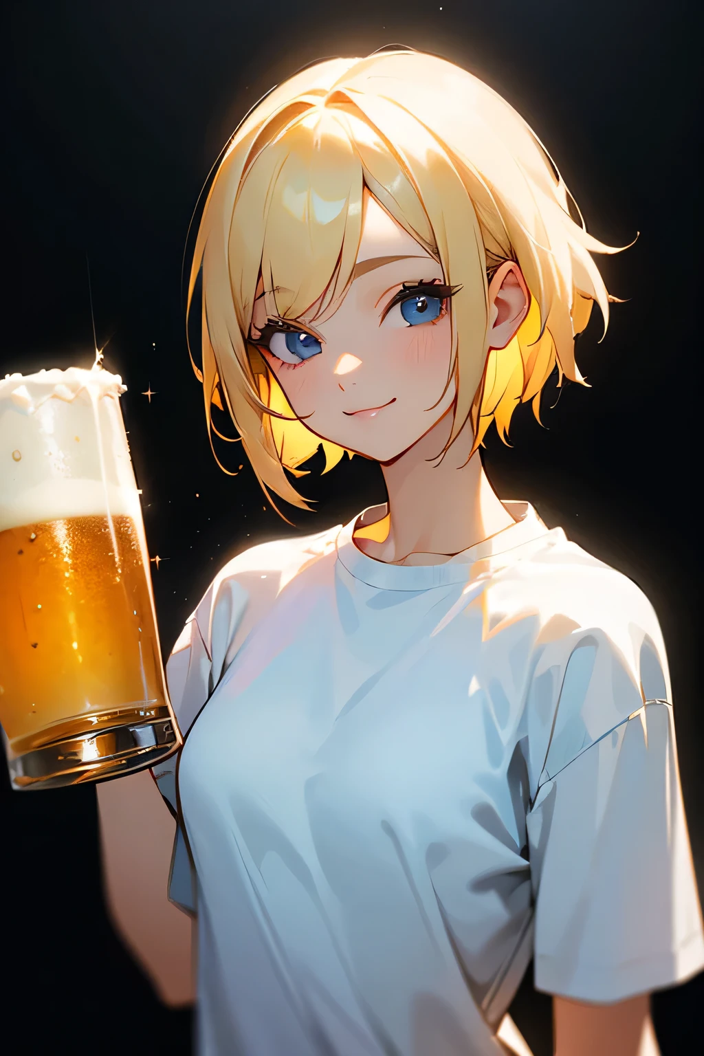 Woman in her 20s、Blonde、White T-shirt on the upper body、Hairstyle: Short hair、smile、Holding a glass of draft beer in one hand、No background、Background white