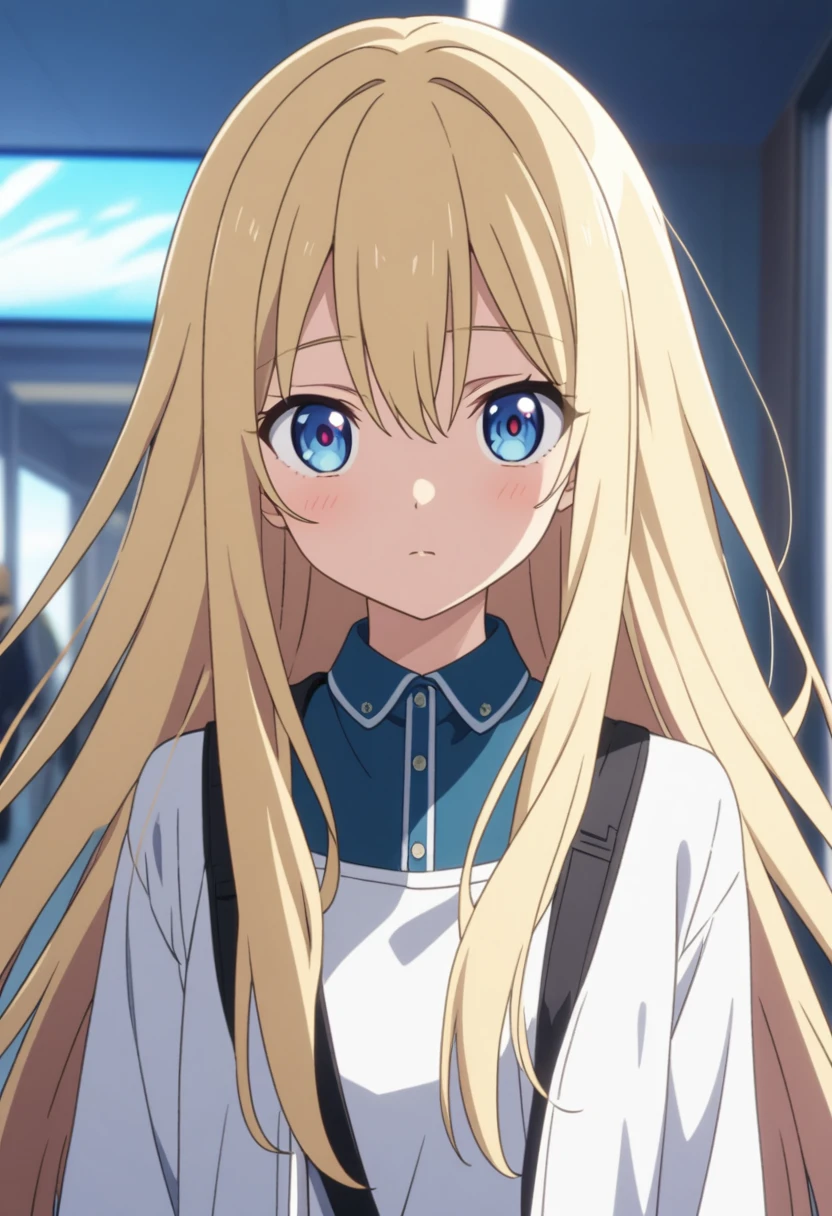 girl, anime, long hair with red and blue lines, pretty eyes, Blonde
