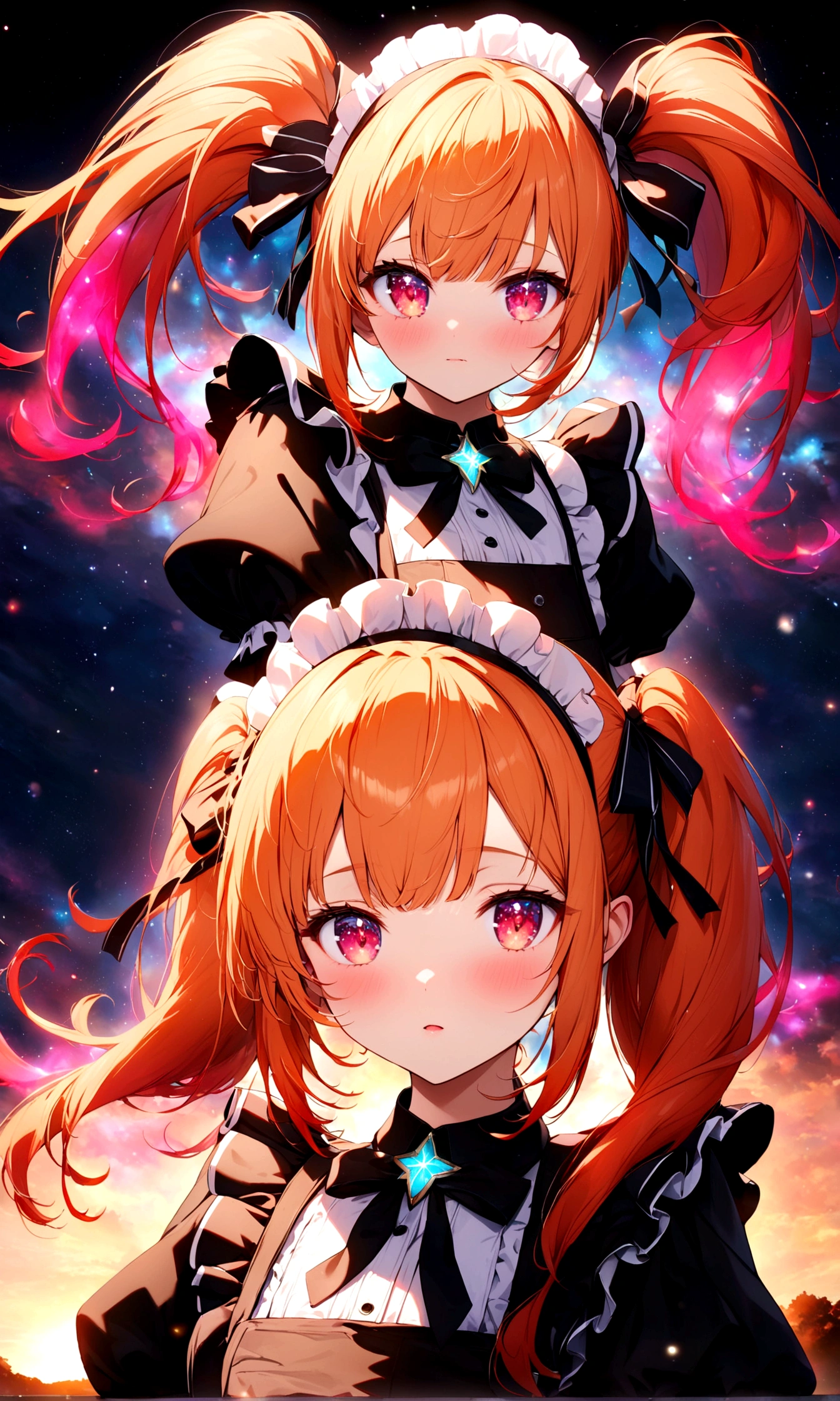 anime gile portrait,kawaii,fantastic style,one beautiful girl with starry eyes,Sunset orange hair, twin tails, cherry red eyes, bashful, maid outfit,best quality,ultra detailed,ultra high definition,high resolution,16k,ultra vibrant,natural light,starlight,soft light,Glowing Aura,the surroundings are shining