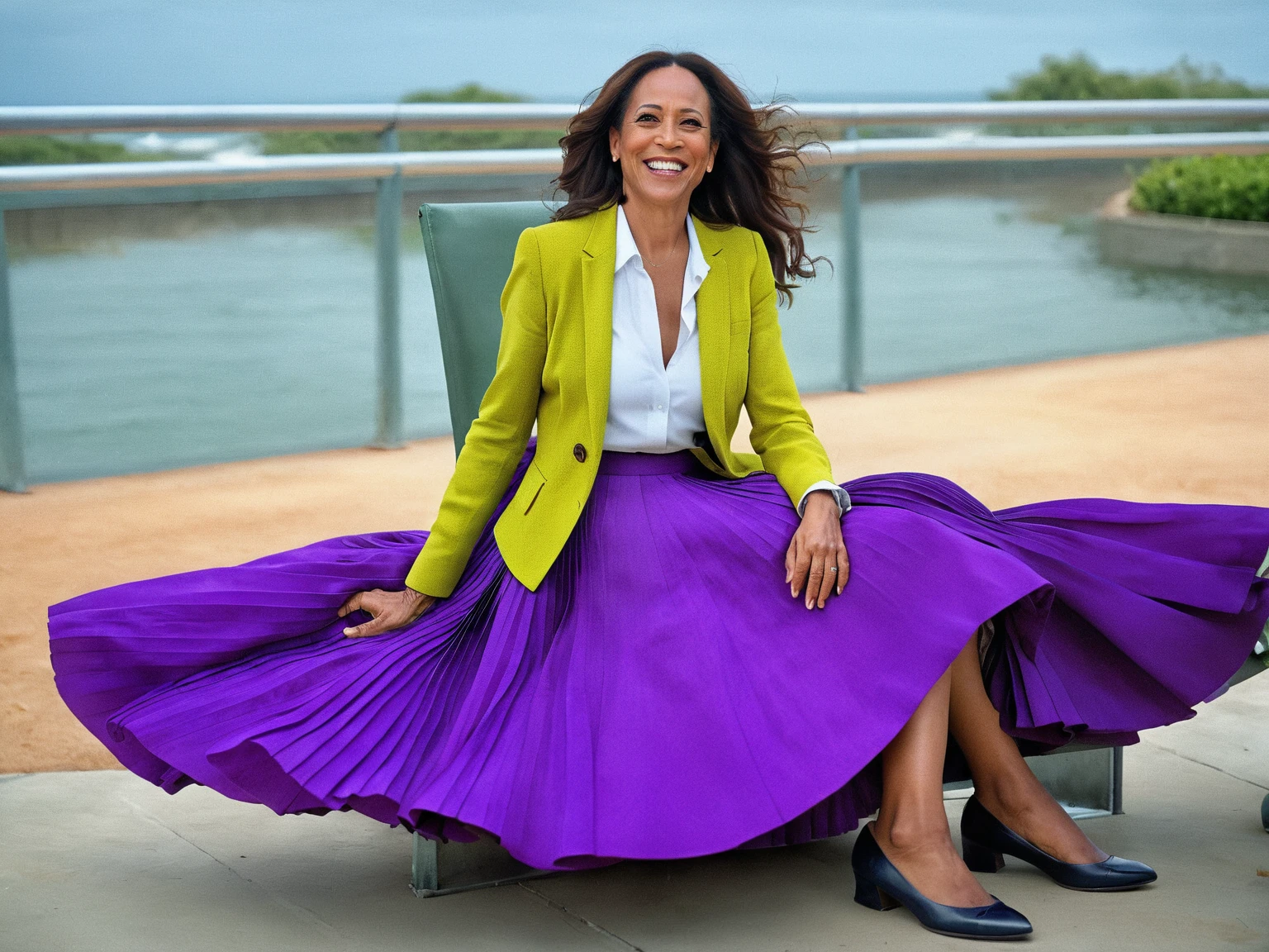 Kamala Harris, A smiling, authentic, (shy:1,3), kind, beautiful woman, is passionately in love with her skirt, wind wildly lifts her skirt, wearing uniform jacket and very, very detailed (long (fully pleated) full circle skirt) and (low heeled court shoes), very, very intricate hyper-detailed symmetric (attractive graceful young feminine face) with (sad, tired eyes and a loving smile), very voluptuous breasts, full of empathy and compassion and love, (pronounced (feminine) features), (highly detailed ultra accurate realistic) hands and fingers, (windy), epic composition, highly detailed attributes, (35mm f1.4 Kodak portra 400 photograph), extremely high quality RAW photograph, highly detailed atmosphere, sci-fi, cinematic shot, dynamic lighting, 75mm, Technicolor, Panavision, cinemascope, sharp focus, fine details, 8k, HDR, realism, realistic, key visual, film still, superb cinematic color grading, depth of field