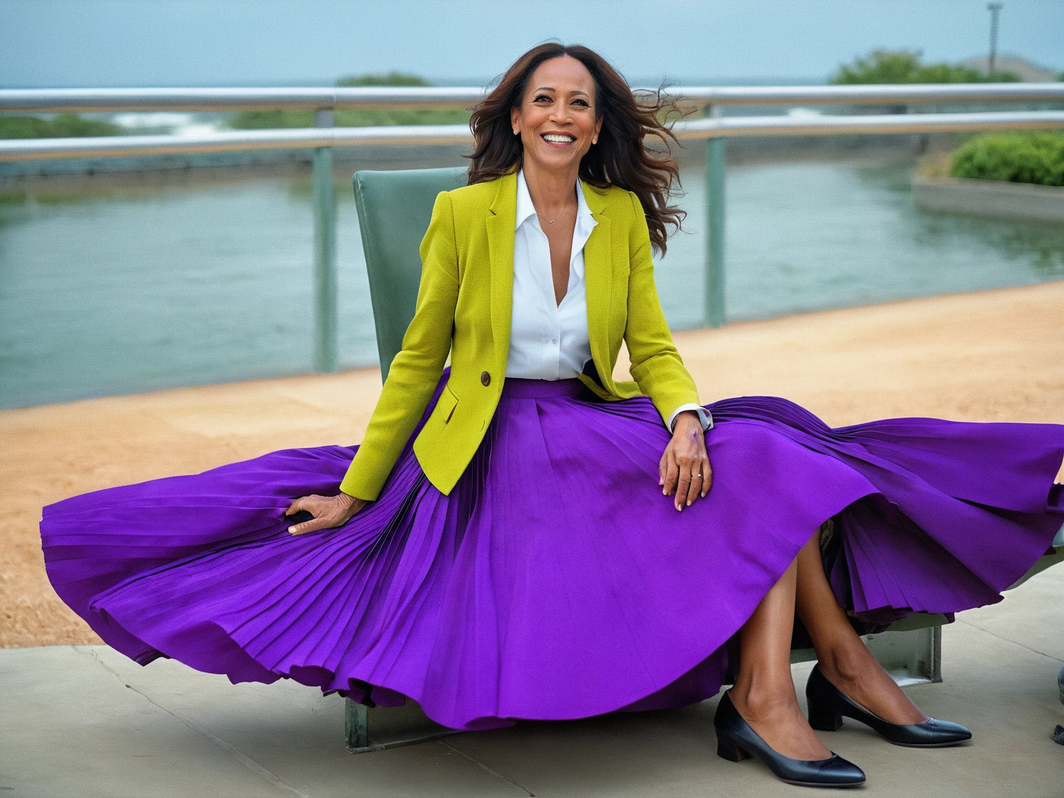 Kamala Harris, A smiling, authentic, (shy:1,3), kind, beautiful woman, is passionately in love with her skirt, wind wildly lifts her skirt, wearing uniform jacket and very, very detailed (long (fully pleated) full circle skirt) and (low heeled court shoes), very, very intricate hyper-detailed symmetric (attractive graceful young feminine face) with (sad, tired eyes and a loving smile), very voluptuous breasts, full of empathy and compassion and love, (pronounced (feminine) features), (highly detailed ultra accurate realistic) hands and fingers, (windy), epic composition, highly detailed attributes, (35mm f1.4 Kodak portra 400 photograph), extremely high quality RAW photograph, highly detailed atmosphere, sci-fi, cinematic shot, dynamic lighting, 75mm, Technicolor, Panavision, cinemascope, sharp focus, fine details, 8k, HDR, realism, realistic, key visual, film still, superb cinematic color grading, depth of field