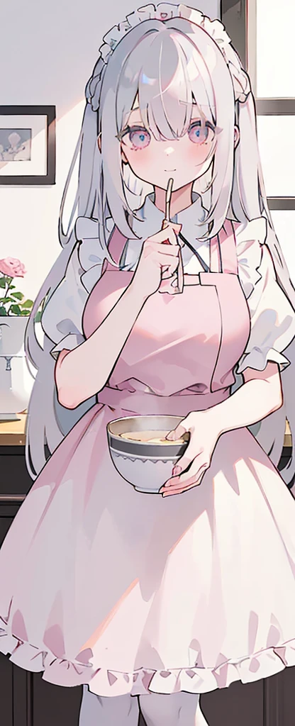 (((Long gray Beautiful Hair))),gray hair,kawai,(((Eyes visible from bangs,hair over eyes:1.3))),,Huge breasts,(pink color eyes),,(pink slanted eyes),1girl in,bangs,long gray hair, pantyhose,Cowboy Shot,white background,short hair,smiled,(wearing pink maid clothes), (maid dress type must have a perfect pinky vest), Bangs should be long to the tip of the chin(((, focusing on the bowl containing the dough and holding a spoon to stir it))), Kitchen room background, Perfect arm fingers,,, 1 girl, ((The image must match the tag)) Bangs almost cover the eyes full body (The character's entire body from top to bottom is completely visible)