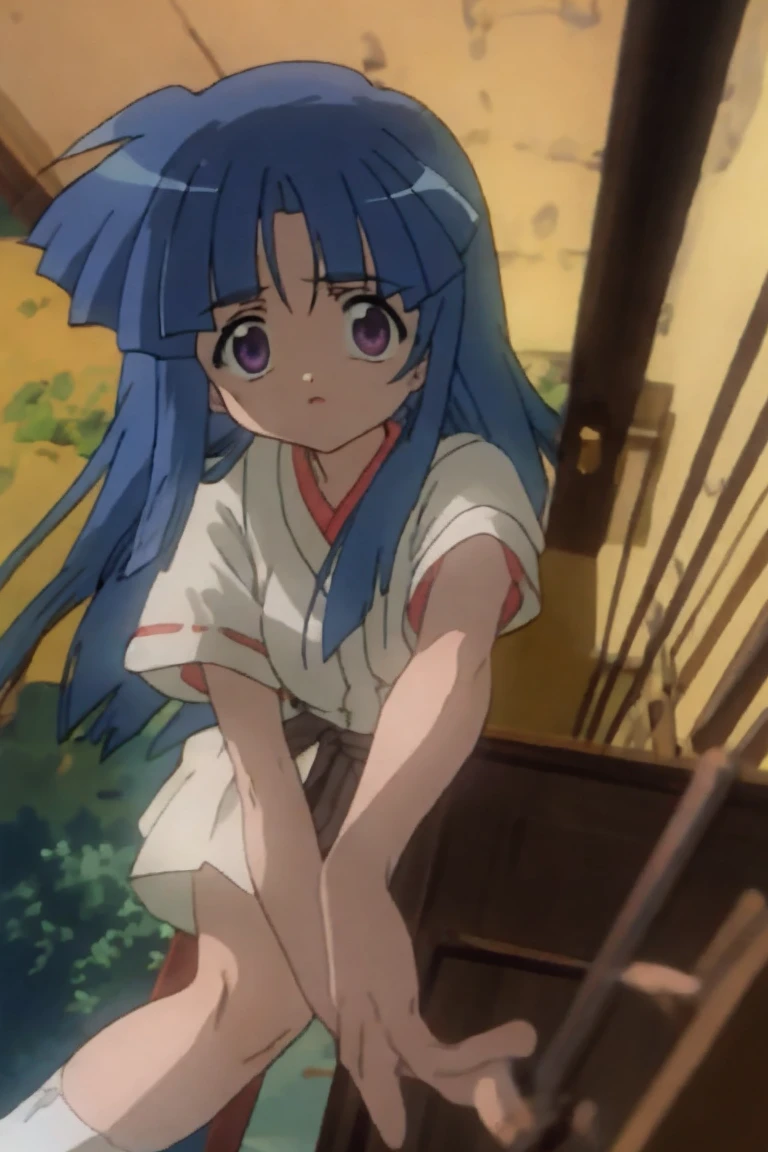 One girl，Furude Rika，Beautiful views，(masterpiece、Highest quality)，Deep blue hair，Purple Eyes，White socks，Short sleeve white shirt，Jumper skirt，Big Eyes，