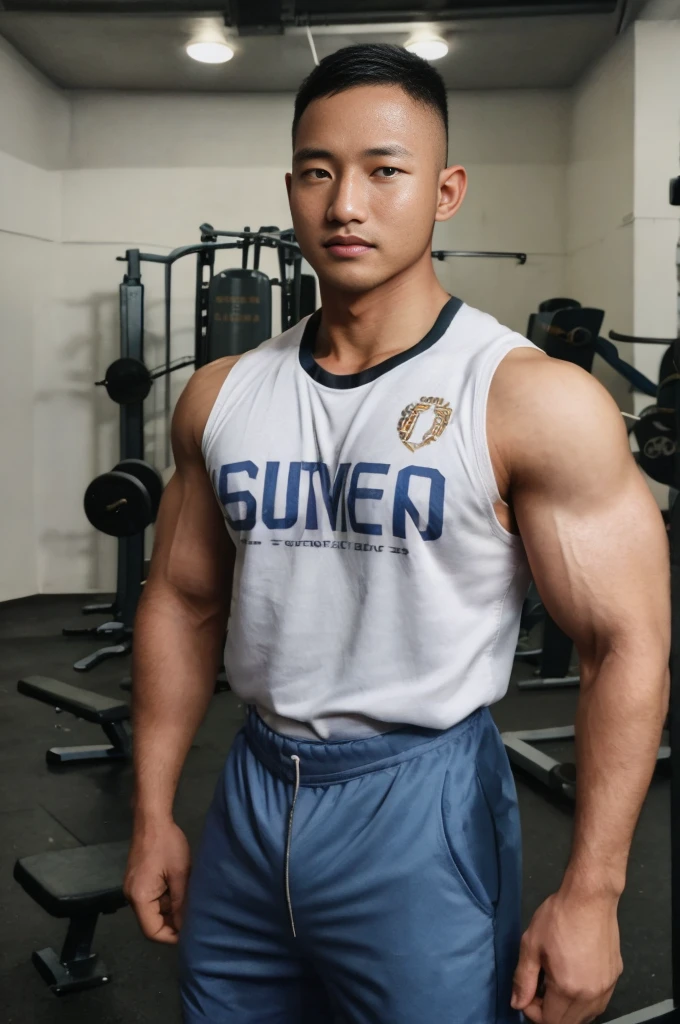 masterpiece, best quality, high resolution, realistic, handsome, photogenic, syahnk, SFW, a photo of a 35 year old gym frat (man:1.2) portrait, standing in a gym , military press, weights, stunning , short buzzcut hair,stubble head , (hypermuscle),looking at the viewer, flirting with the camera, charming, (tight white gym shirt ),(GS-Masculine:1), 8K UHD