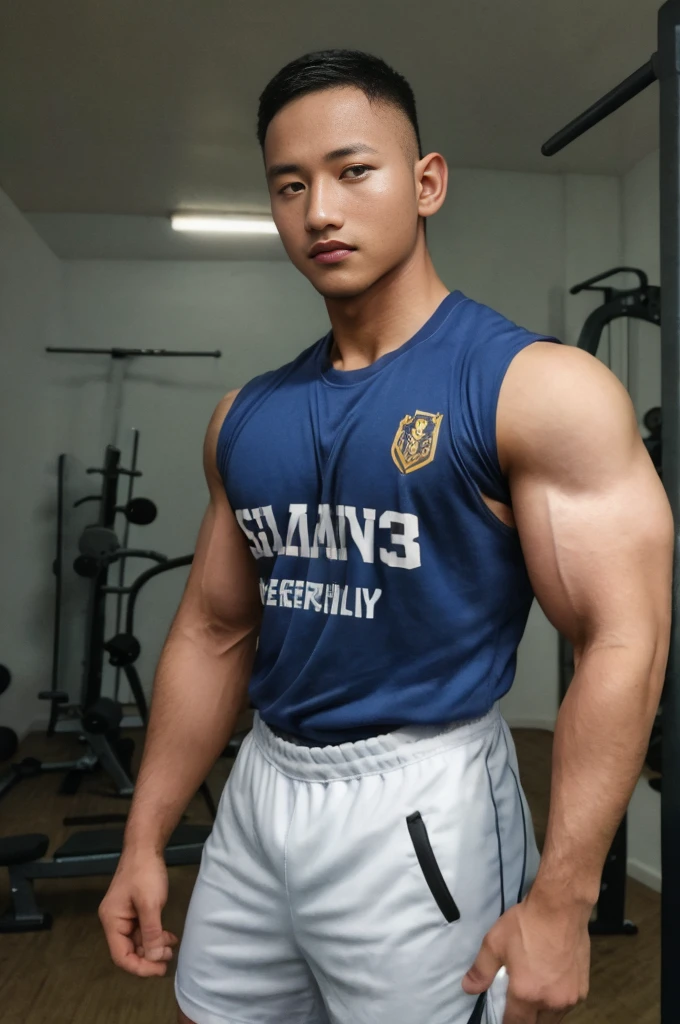masterpiece, best quality, high resolution, realistic, handsome, photogenic, syahnk, SFW, a photo of a 35 year old gym frat (man:1.2) portrait, standing in a gym , military press, weights, stunning , short buzzcut hair,stubble head , (hypermuscle),looking at the viewer, flirting with the camera, charming, (tight white gym shirt ),(GS-Masculine:1), 8K UHD
