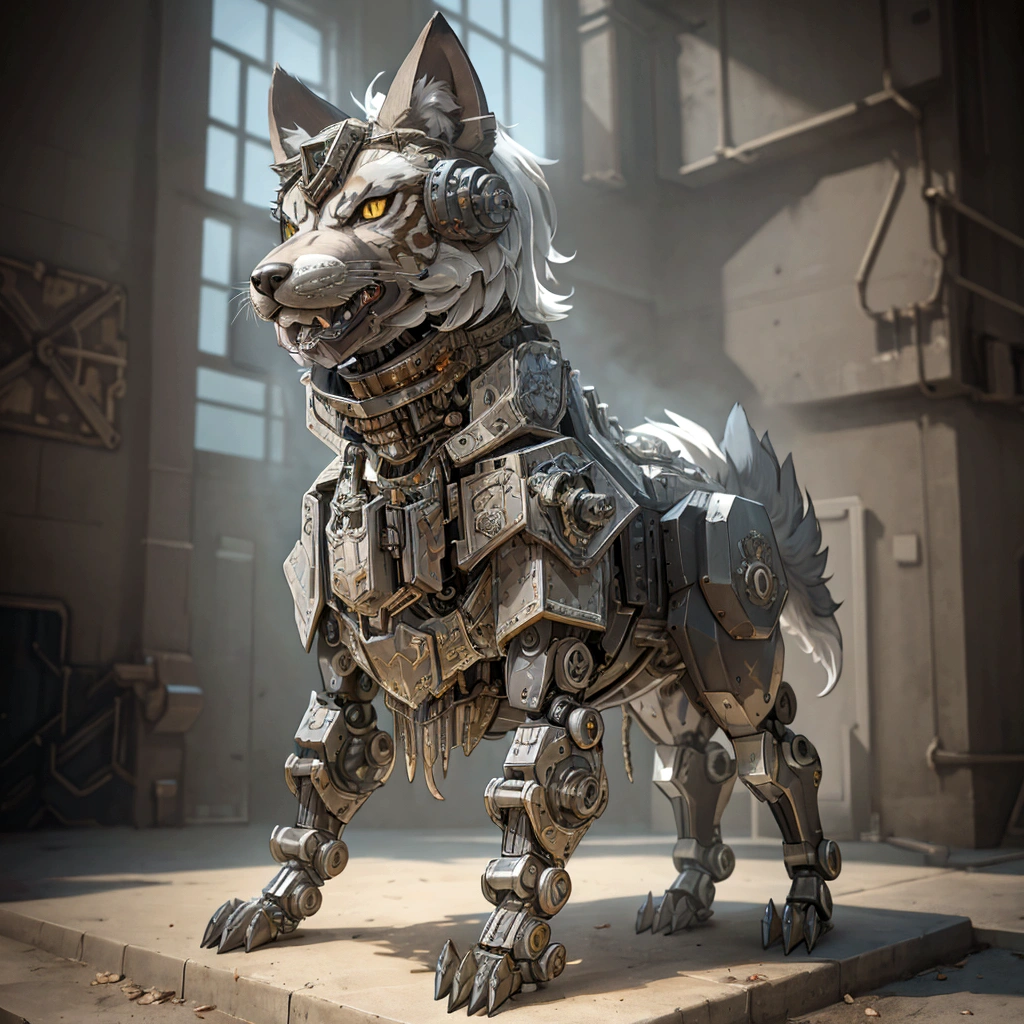 The building has a metal wolf statue on its base., Armored Catの仲間, husky in shiny armor, Armored Cat, Steampunk Wolf Cyborg Wolf, rendered in redshift, Steampunk ferret - a shaped mecha, Robot Lion, Industrial Machine Robot Wolf, Highly detailed rendering, Good Giant Mechanical Wolf, Detailed and complex rendering, Expressed in 3D rendering、Right facing、