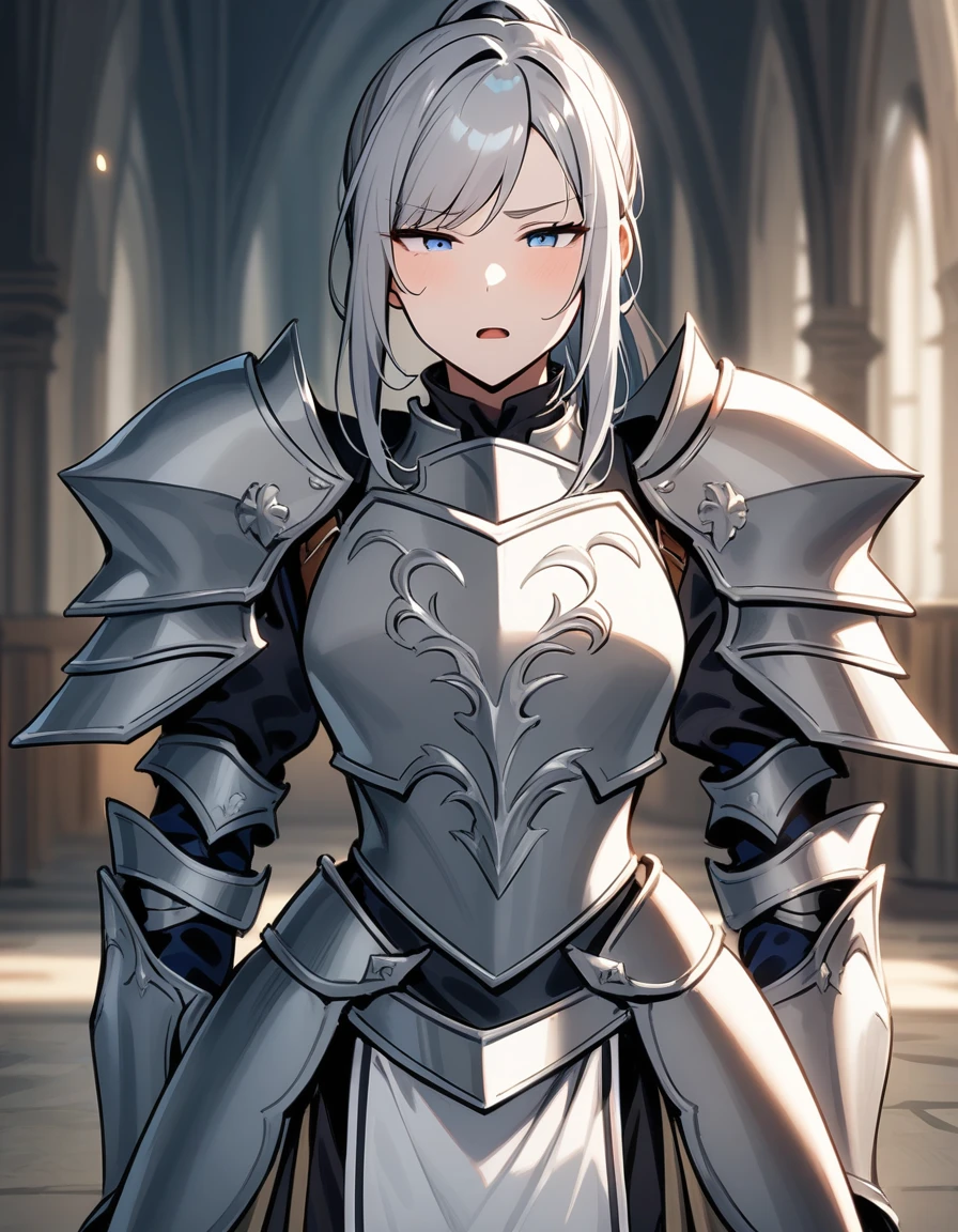 Beautiful girl knight in armor, Gray Hair, tsurime, fantastic, Face your body forward like a certificate photo, shoot from front, Ponytail, Armor Girl, beautiful female knight, Female Paladin, pale blue eyes, narrowed eyes squint, Talking mouth