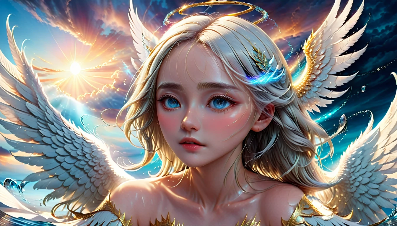 (half Body Image: 2.0),Beautiful young angel with long white hair and wearing a sheer white robe,(Large angelic wings spread: 1.7),Angel with porcelain-like ethereal skin, floating in the air, shot from below emerging from the clouds with a stunning sunset sky in the background,(Highest Quality, 4k, 8k, High Resolution, Masterpiece: 1.2),Ultra Detailed,(Realistic, Photorealistic, Photorealistic: 1.37),Detailed face, Detailed eyes, Detailed lips, Highly detailed facial features, Porcelain skin, Dramatic lighting, Dramatic sky, Cinematic, Fantasy, Digital art, Exquisite details, Graceful, Heavenly, ice and water,ice,water,water ring