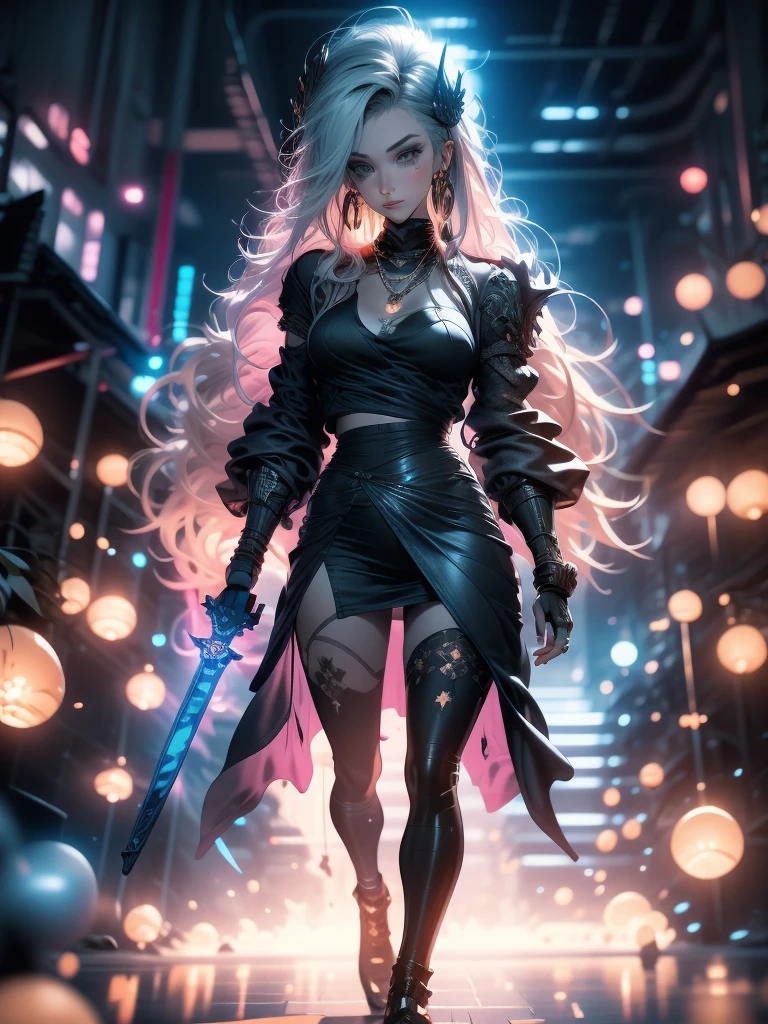 3D impressionist illustration, Masterpiece, Highest quality, low Contrast, A Russian girl in her early 20s with ash grey hair, Fallen Angel, Black Angel, Ultra-near-future weapons, Full body portrait, Uplifting, A brave sword-wielding, Uplifting, A futuristic city in the background, Gorgeous, A night view smattering with brilliant colors, hard rainy