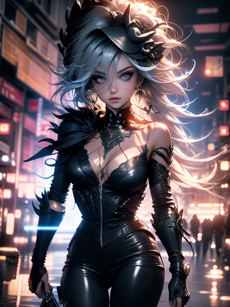 3D impressionist illustration, Masterpiece, Highest quality, low Contrast, A Russian girl in her early 20s with ash grey hair, Fallen Angel, Black Angel, Ultra-near-future weapons, Full body portrait, Uplifting, A brave sword-wielding, Uplifting, A futuristic city in the background, Gorgeous, A night view smattering with brilliant colors, hard rainy
