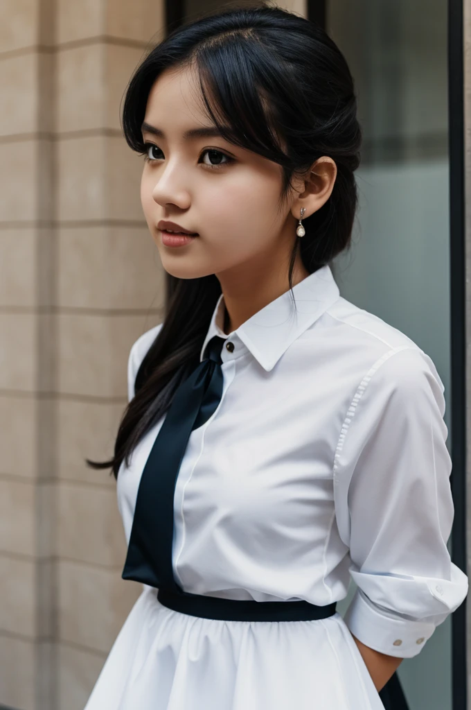 a girl with white shirt and black blue dress