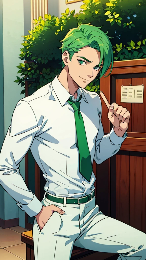 Boy 
eyes : Green ( mesmerising) 
hair :(white)
height : 6 foot 3 inches
handsome.very handsome 
carefree.
somewhat like a playboy
age - 19
intellegent  
girls swoon over him
can make any girl fall just by looking
*smiling*
White shirt and a red tie , sleeves folded up
Back trousers 