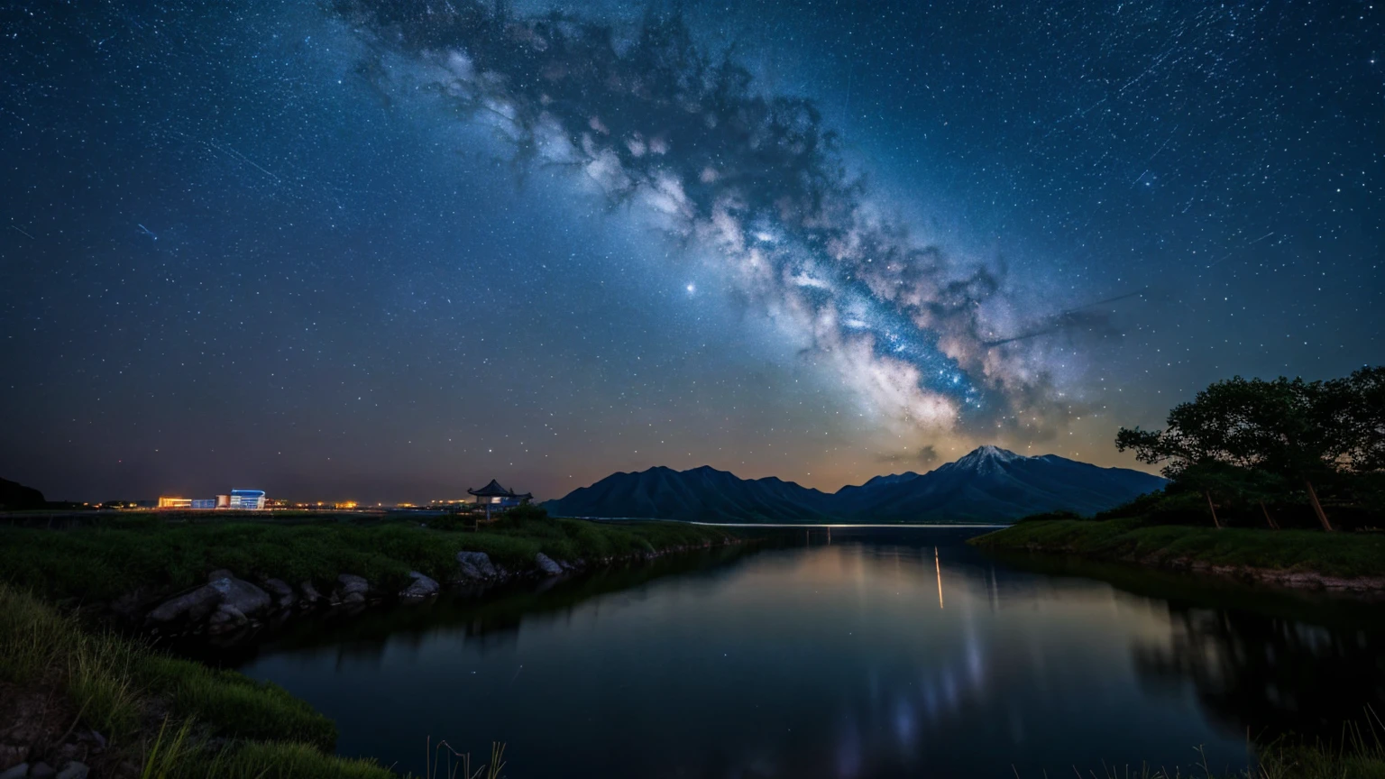 川と山のある風景を描いた星Moonlit Night画,   Starry Skyの夜,  Night view, Moonlit Night, Twinkling distant stars, Natural scenery at night, moonlight, Moonlit Nightscape, Stars shining in the distance, Starry Sky, Mystical Night