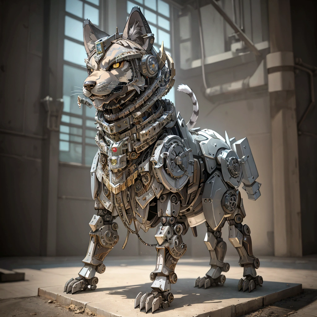 The building has a metal wolf statue on its base., Armored Catの仲間, husky in shiny armor, Armored Cat, Steampunk Wolf Cyborg Wolf, rendered in redshift, Steampunk ferret - a shaped mecha, Robot Lion, Industrial Machine Robot Wolf, Highly detailed rendering, Good Giant Mechanical Wolf, Detailed and complex rendering, Expressed in 3D rendering、Right facing、
